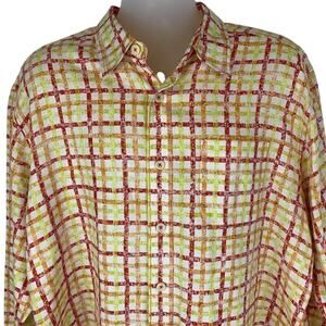 Tommy Bahama Relax Linen Button Front Shirt Mens XL X-Large Plaid Orange Yellow